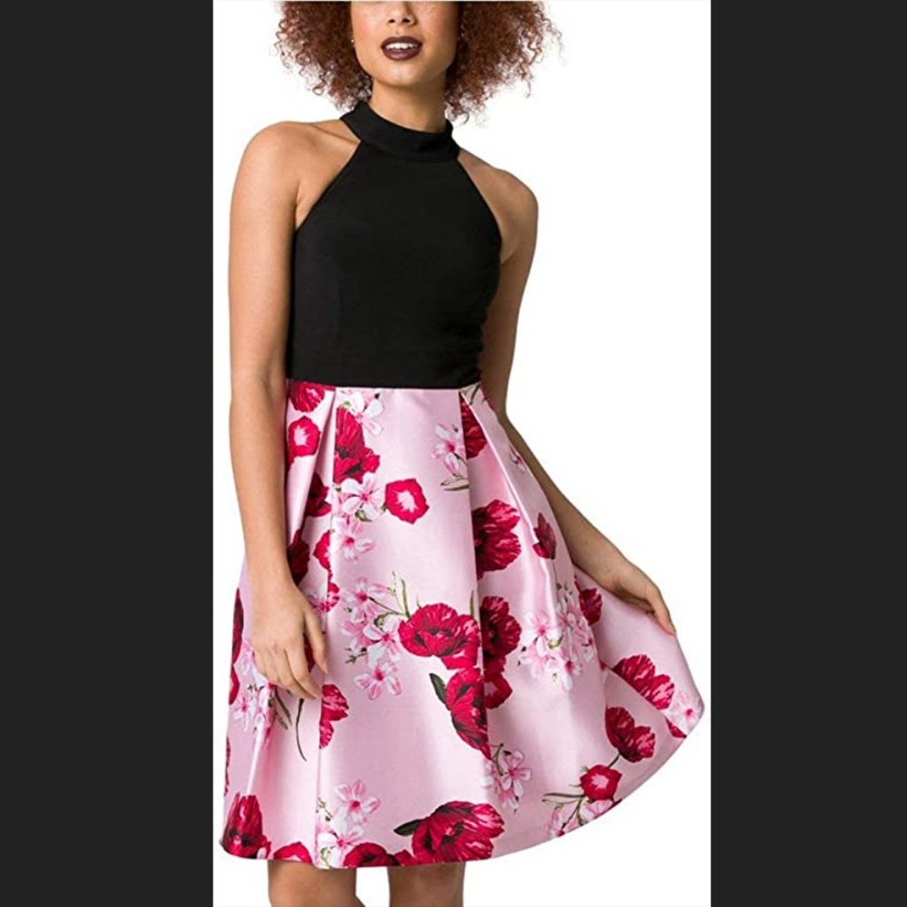 Le Château Small Floral Print Bengaline & Satin Halter Dress